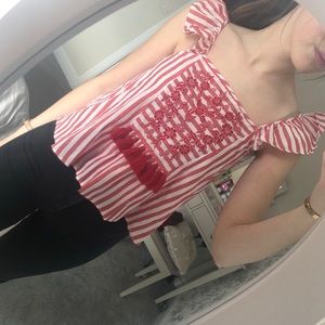 ZARA TRF RED AND WHITE STRIPED EMBROIDERED TOP